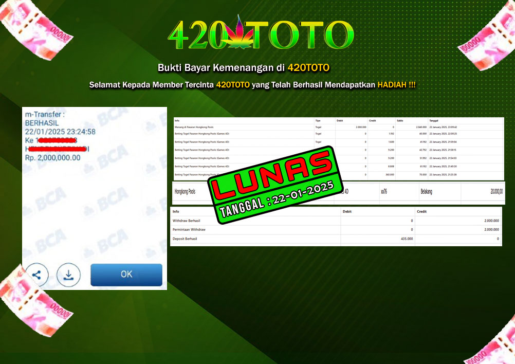 BUKTI KEMENANGAN 420TOTO - PADA PERMAINAN TOGEL PASARAN HONGKONG POOLS ( 8 0 0 4 ) 22-01-2025