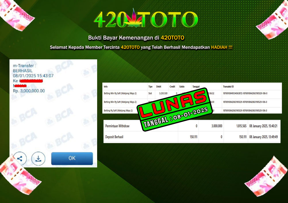 BUKTI KEMENANGAN 420TOTO - PADA PERMAINAN SLOT PG SOFT MAHJONG WAYS 2 ( 8 4 2 1 ) 05-01-2025 #3