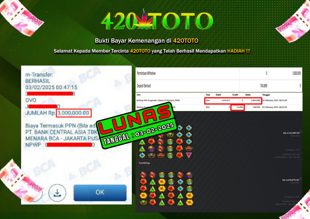 BUKTI KEMENANGAN 420TOTO - PADA GAMES SLOT PERMAINAN Betting Win Pragmatic (Gates of Olympus 1000)