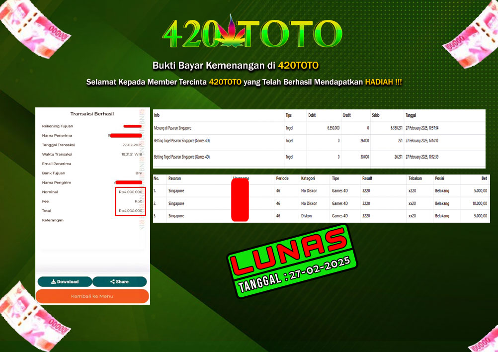 BUKTI KEMENANGAN 420TOTO - PADA PERMAINAN TOGEL PASARAN (SINGAPORE 3220 )