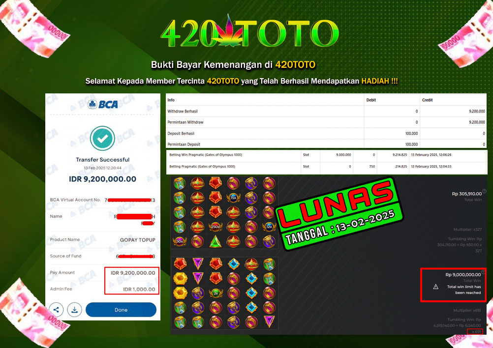 BUKTI KEMENANGAN 420TOTO - PADA GAMES SLOT PERMAINAN Pragmatic (Gates of Olympus 1000)